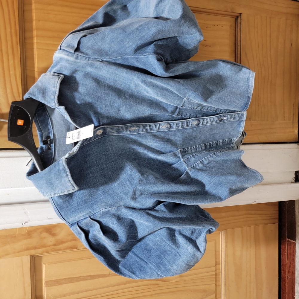 Light Wash Blue denim women puff sleeve shirt with stitch waist